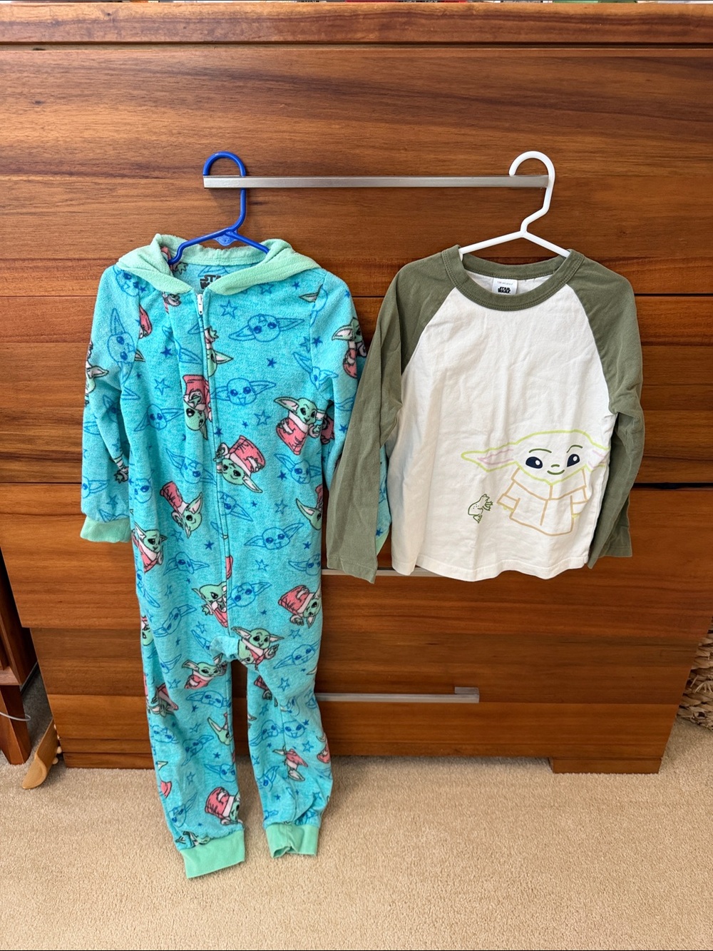 Hanna Andersson long sleeve shirt & Blue & Green Grogu Fleece One-Piece Pajama